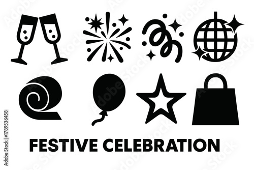 Brutalist Celebration Icons. Festive Celebration Icons silhouette icon set: champagne glasses, fireworks, confetti swirl, disco ball, streamer roll, balloon, glowing star, gift bag