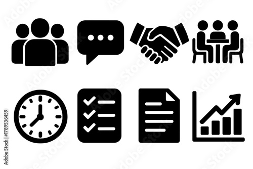 Brutalist Negotiation Icons. Team Negotiation silhouette icon set: people group, speech bubble, handshake, table, clock, checklist, document, graph.