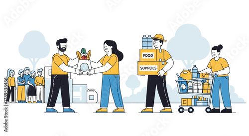 Volunteers distribute food and supplies to people in need, showcasing community support and aid.