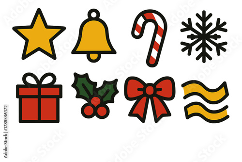Classic Christmas Icons. Classic Christmas Tree Symbols silhouette icon set: star topper, bell ornament, candy cane, snowflake, gift box, holly leaf, red ribbon bow, golden tinsel.