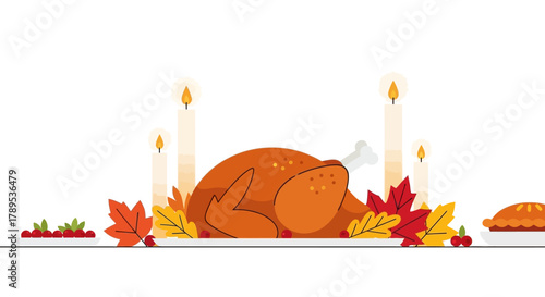 Roasted turkey centerpiece with autumn leaves, cranberries, and lit candles, depicting a Thanksgiving feast.