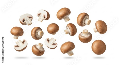 Assortment of Fresh Brown Mushrooms Floating on White Background, Edible mushroom, Food, Ingredient