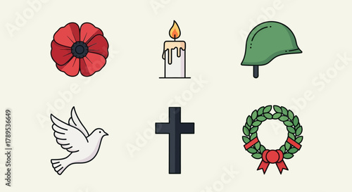 Collection of Remembrance Day symbols, including a poppy, candle, helmet, dove, cross, and wreath.