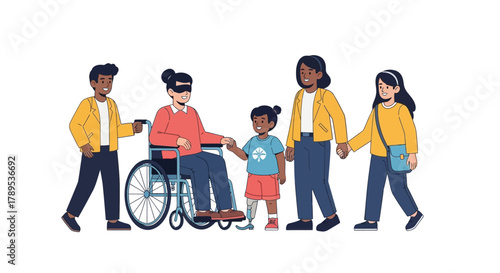 Diverse and inclusive group of people with disabilities walking together, including a person in a wheelchair and a child with a prosthetic leg.