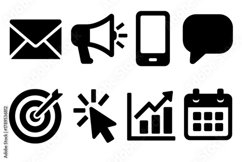 Brutalist Marketing Icons. Marketing Outreach silhouette icon set: envelope, megaphone, smartphone, chat bubble, target, cursor click, graph, calendar.