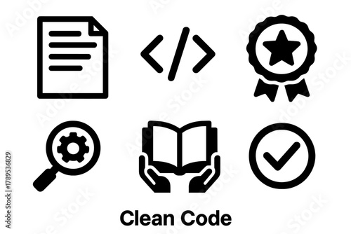 Clean Code Icons. Clean Code silhouette icon set: readability document, syntax lines, review badge, lint tool, best practices icon, verified checkmark.