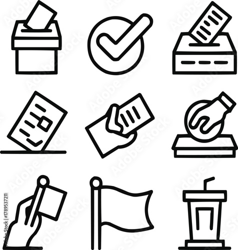 Voting & Election Outline Icon SetBallot, Checkmark, and Democratic Symbols