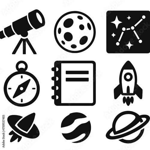 Celestial Icon Set. Celestial Observation Set silhouette icon set: telescope, moon, star cluster, constellation chart, compass, notebook, rocket, planet.