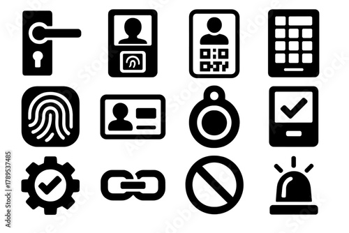 Security Icon Set. Controlled Entry silhouette icon set: door lock, biometric device, digital pass, security keypad, fingerprint pad, ID card, access token, approval screen,