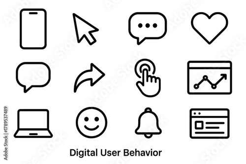 Digital Icon Grid. Digital User Behavior linear icon set: smartphone, cursor, chat bubble, heart icon, comment bubble, share arrow, screen tap, analytics chart, laptop, emoji face,