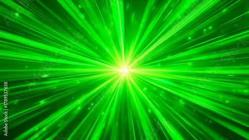 Explosion Of Green Light Streaks With Bright Starburst Center And Particles On Black Background