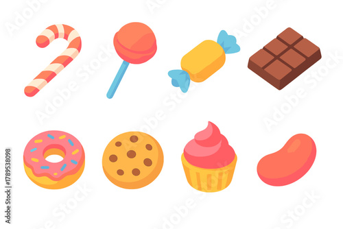 Colorful Sweets Icons. Sweets Set modern flat icons set: candy cane, lollipop, wrapped candy, chocolate bar, donut, cookie, cupcake, jelly bean