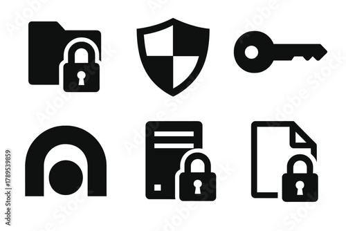 Brutalist Security Icons. Secure File Transfer silhouette icon set: encrypted folder, shield icon, key authentication, VPN tunnel, secure server, lock file.