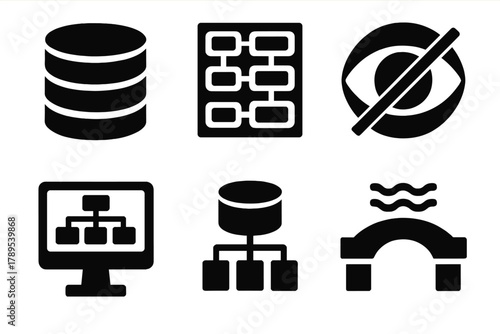 Data Abstraction Icons. Data Abstraction silhouette icon set: database layers, schema levels, data hiding, logical view, physical structure, abstraction bridge.