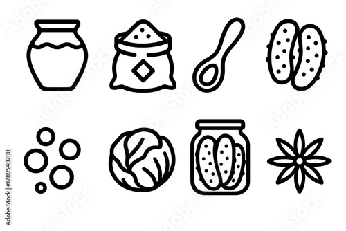 Fermentation Icons. Traditional Fermentation Collection linear icon set: clay pot, salt bag, wooden spoon, pickles, jar, bubbles, cabbage, spice.
