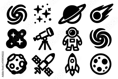 Galactic Icons Showcase. Galaxy silhouette icon set: spiral galaxy, star cluster, planet, comet, nebula, telescope, astronaut, black hole, asteroid, satellite, rocket, moon.