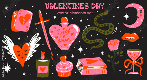 Valentines day, love themed vector sticker elements set. Collection of cute funky witchy aesthetic cartoon illustration of magical love potion, rose flowers, candle, cupcake, 14 february date