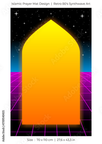 Islamic prayer mat design. Retro 80's synthwave art style.