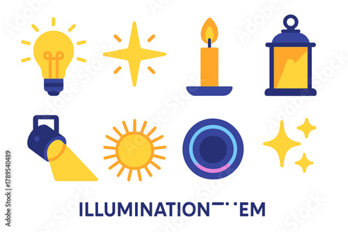 Radiant Light Icons. Illumination flat icons: glowing light bulb, radiant star, candle flame, lantern, spotlight beam, sunburst, neon glow, shimmer spark
