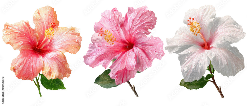 Fototapeta premium A vibrant trio of hibiscus flowers in shades of pink, white, and peach, showcasing their delicate petals and lush green leaves against a contrasting background, perfect for nature-themed projects