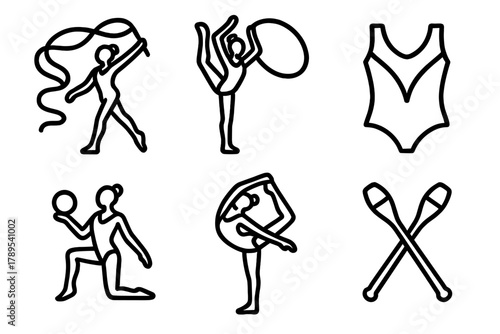 Gymnastics Icon Set. Rhythmic Gymnastics linear icon set: ribbon twirl, hoop, ball, clubs, leotard, graceful pose.