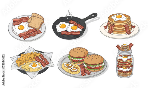Collection of breakfast meals with fried eggs and bacon drawing