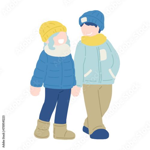 手を繋いでいる冬服の仲良しカップル[男女]のフラットなイラスト