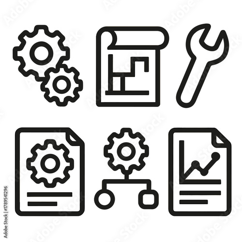 Bold Engineering Icons. Engineering prototype silhouette icon set: gears, blueprint paper, wrench, cogwheel, document, diagram.
