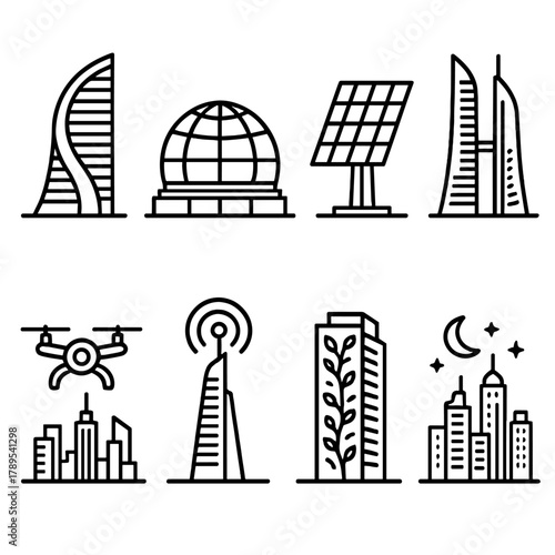 Futuristic Skyscraper Icons. Futuristic Towers linear icon set: curved skyscraper, glass dome, solar panel, sky bridge, drone, antenna, greenery wall, night city.