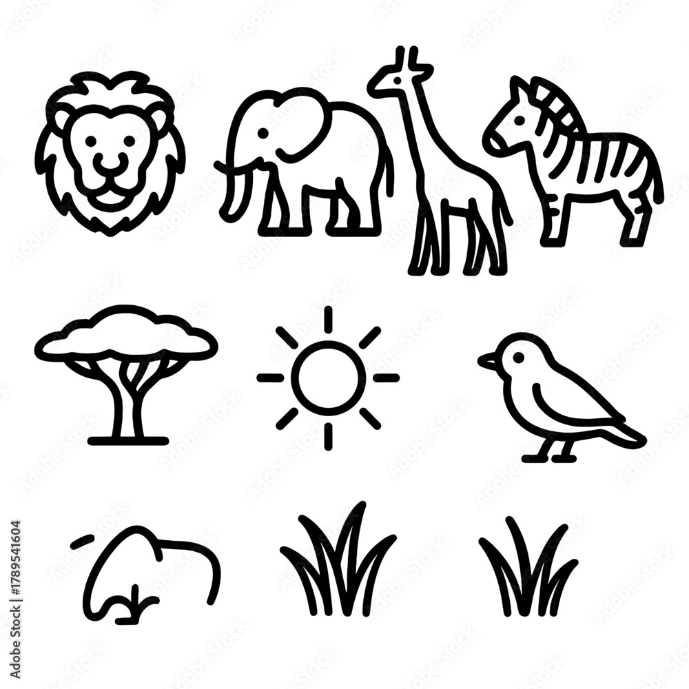 Naklejka premium Savanna Wildlife Icons. Savanna Wildlife Icons linear icon set: lion, elephant, giraffe, zebra, tree, sun, grass, bird.