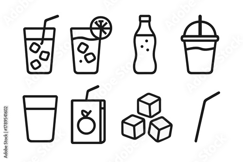 Beverage Icons Collection. Cold Beverages linear icon set: iced tea, lemonade, soda bottle, smoothie cup, water glass, juice box, ice cubes, straw.