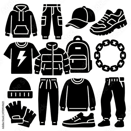 Brutalist Streetwear Icons. Streetwear Trends silhouette icon set: hoodie, cargo pants, baseball cap, sneakers, graphic tee, puffer jacket, backpack, chain, beanie, joggers,