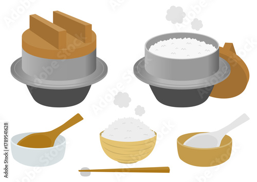 釜と茶碗に入った白米としゃもじのイラストのセット
