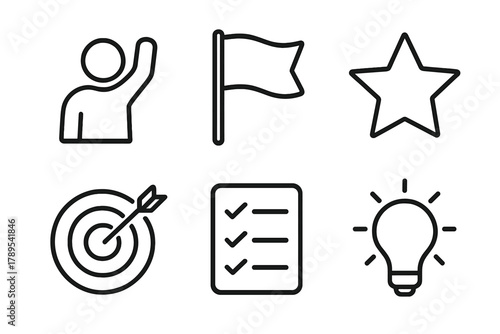 Icons of Success. Personal victory linear icon set: person icon, flag, star, target board, checklist, light bulb.