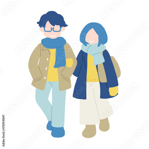 腕を組んでいる冬服の仲良しカップル[男女]のフラットなイラスト