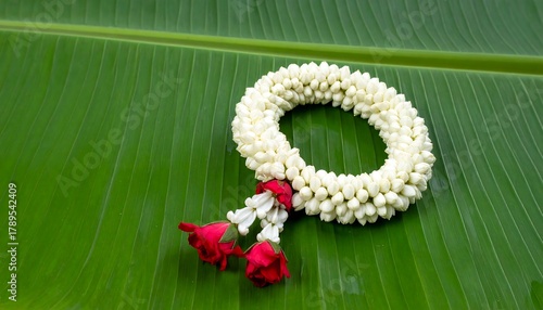 Jasmine garland on banana leaf, a symbol of Thai culture.