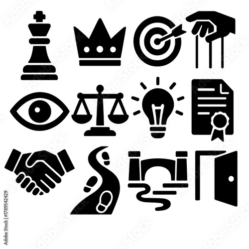 Power and Persuasion Icons. Power and Persuasion silhouette icon set: chess piece king, crown, target with arrow, hand controlling puppet strings, eye contact symbol, scales