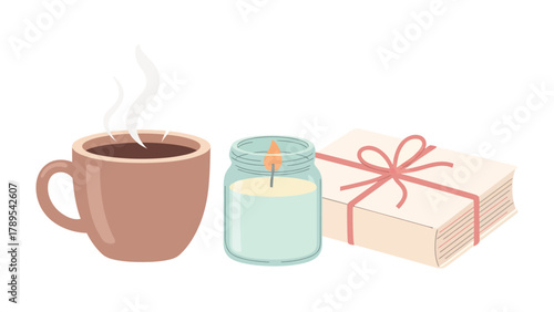 Cozy corner with warmth and comfort: This delightful image captures a tranquil scene of a mug of steaming hot coffee, a flickering candle, and a wrapped gift.