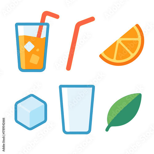 Minimalistic Fruit Icons. Fruit Refreshment flat icons: Orange Juice, Straw, Fruit Slice, Glass, Ice Cube, Leaf.
