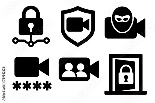 Brutalist Secure Icons. Secure Video Call silhouette icon set: encrypted connection, shielded camera, privacy mode, passcode entry, secure meeting icon, locked room symbol.