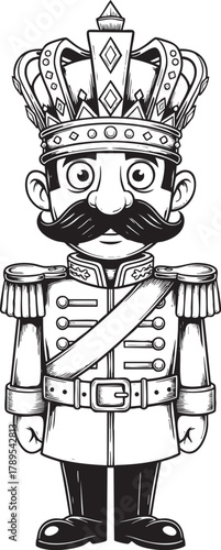 A black and white cartoon nutcracker king with a large mustache wearing an ornate crown and a formal military uniform.