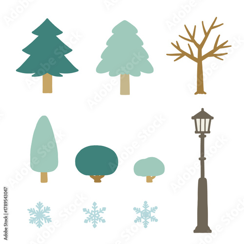 公園の木々と雪の結晶と街灯のフラットなイラスト（セット）
