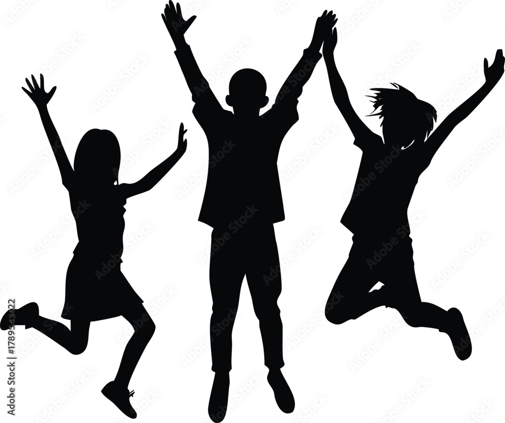 Fototapeta premium Three silhouetted figures joyfully leaping in the air expressing excitement and freedom high quality