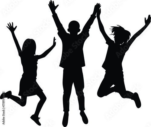 Three silhouetted figures joyfully leaping in the air expressing excitement and freedom high quality