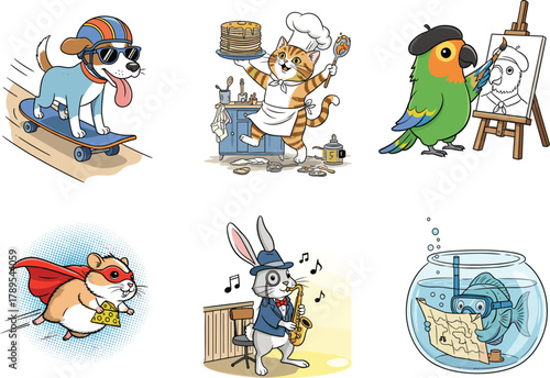 Funny Cartoon Animals Doing Human Activities – Skateboarding Dog, Chef Cat, Artist Parrot, Superhero Hamster, Musician Rabbit, Reading Fish