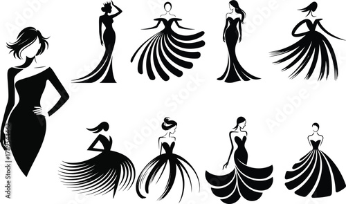 Elegant women in stylish dresses vector silhouettes for fashion and beauty design projects
