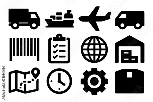 Logistics Icon Set. Logistics Fleet silhouette icon set: truck, ship, airplane, van, barcode, clipboard, globe, warehouse, route map, clock, gear, box.