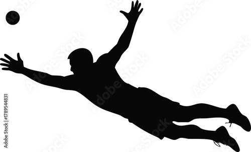 Silhouette of an athlete in mid air reaching for a floating ball high quality