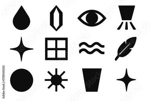 Bold Icon Set. Clarity Concept silhouette icon set: water droplet, crystal, eye, light beam, star, window, wave, feather, circle, sun, glass, sparkle. , .