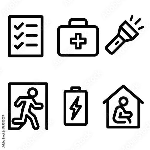 Disaster Icons Set. Disaster Preparedness linear icon set: checklist, first aid kit, flashlight, evacuation route, battery pack, shelter icon.